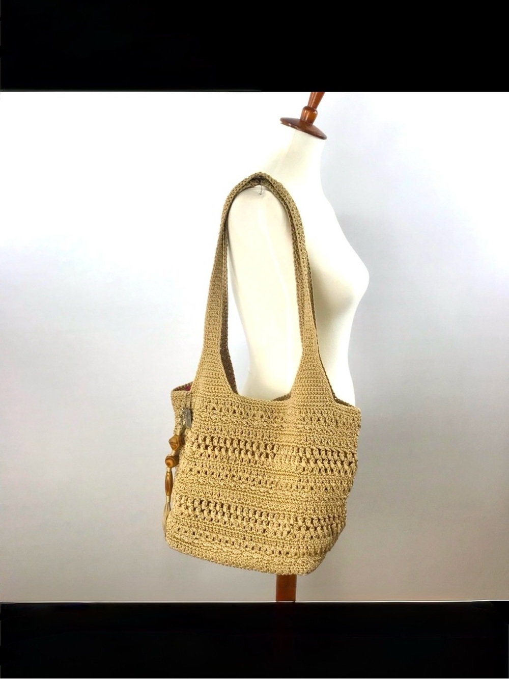 LINA Tan Macromet Shoulder Tote Bag with Pink Floral Lining